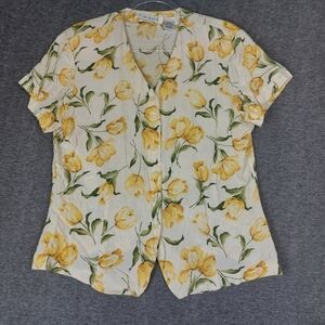 CHAUS WOMEN VINTAGE CREAM YELLOW FLORAL TULIP PRINT V-NECK BUTTON UP SHIRT SZ 12